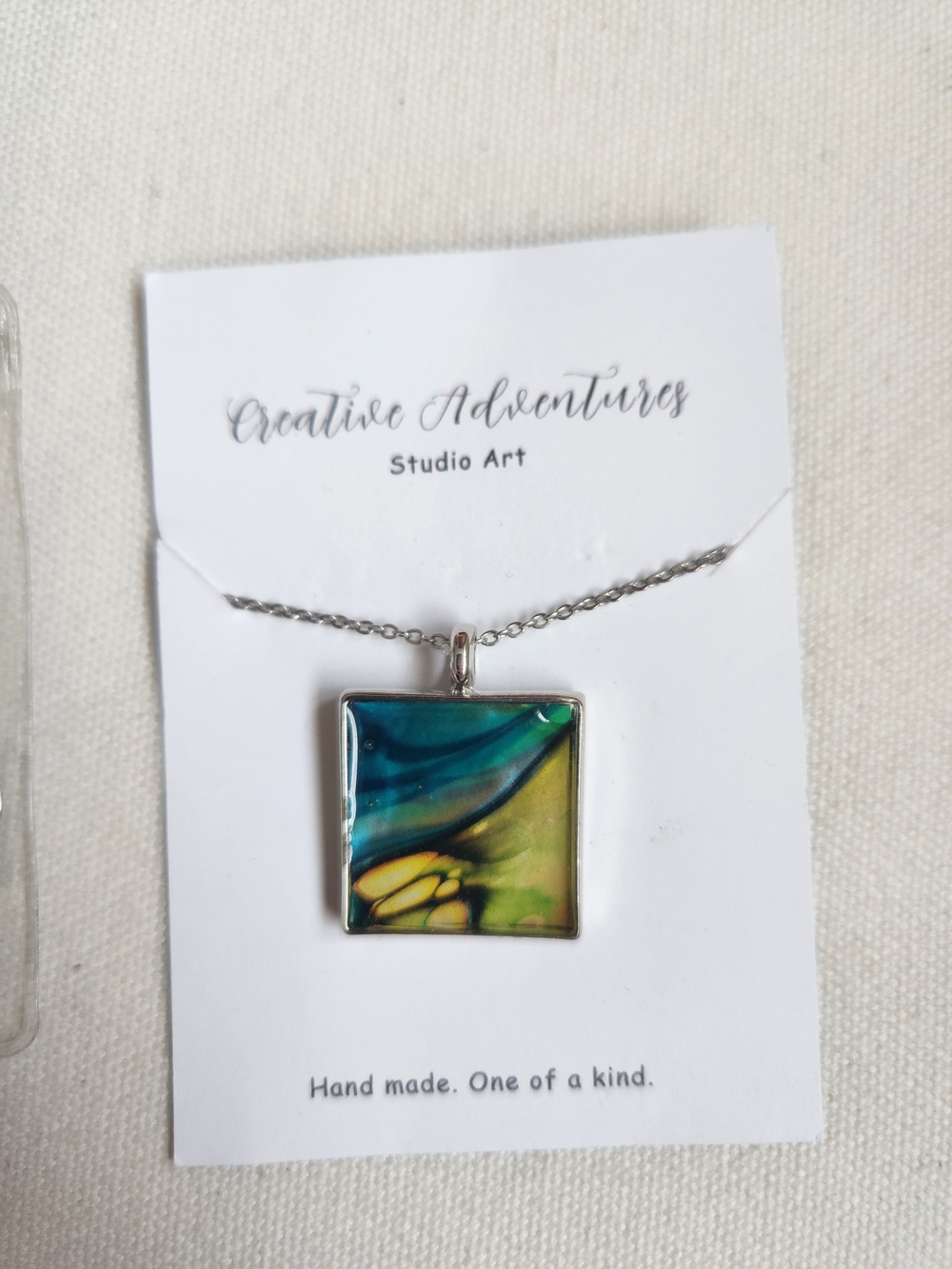 Source Unknown Teal, Blue and Yellow Square Pendant Necklace